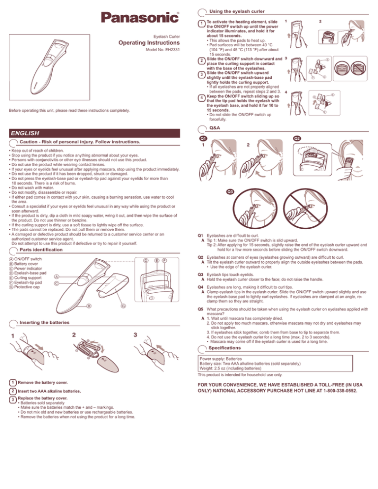 Panasonic Eyelash Curler Operating instructions Panasonic Eyelash Curler Operating instructions