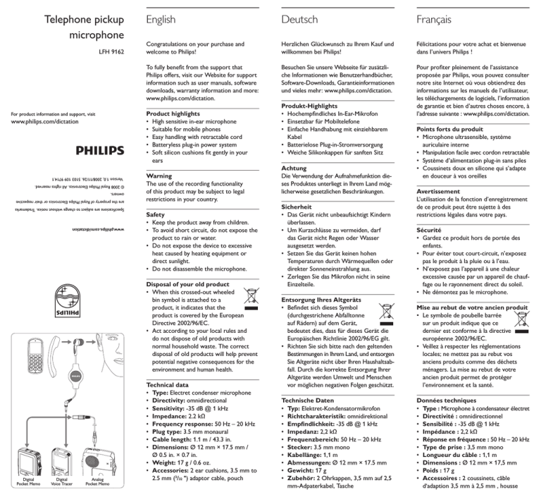 Philips LFH9162/00, LFH9162 Specification Philips LFH9162/00, LFH9162 Specification