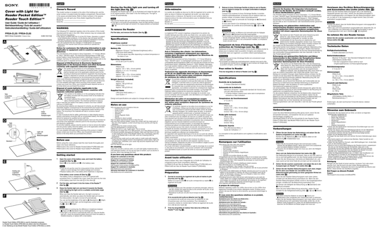Sony PRS-ACL65B, PRS-ACL35L, PRS-ACL65R, PRSA-CL65, PRSA-CL35 Owner's manual Sony PRS-ACL65B, PRS-ACL35L, PRS-ACL65R, PRSA-CL65, PRSA-CL35 Owner's manual