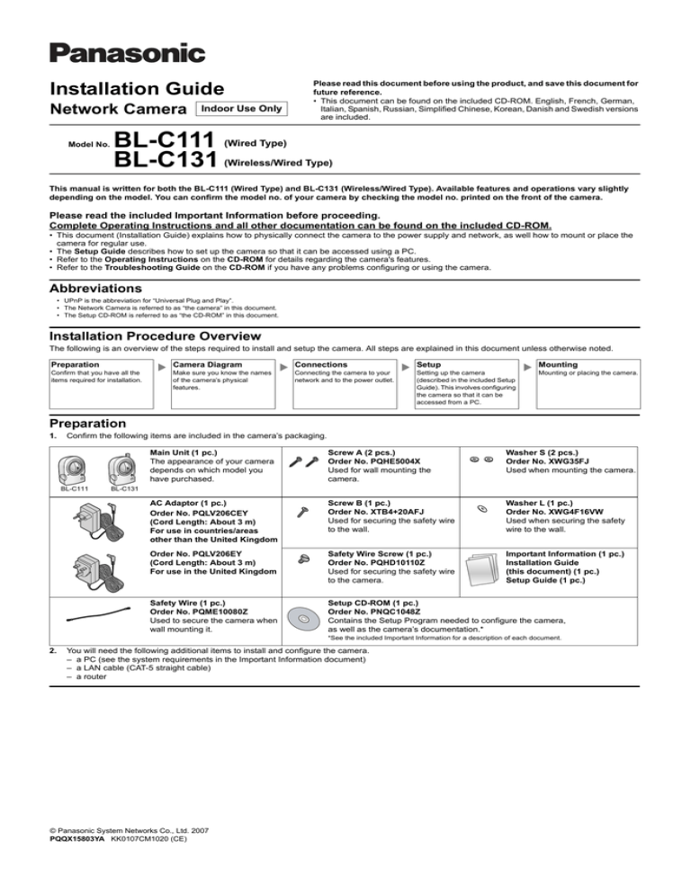 Panasonic BL-C131CE, BL-C111CE Installation guide Panasonic BL-C131CE, BL-C111CE Installation guide