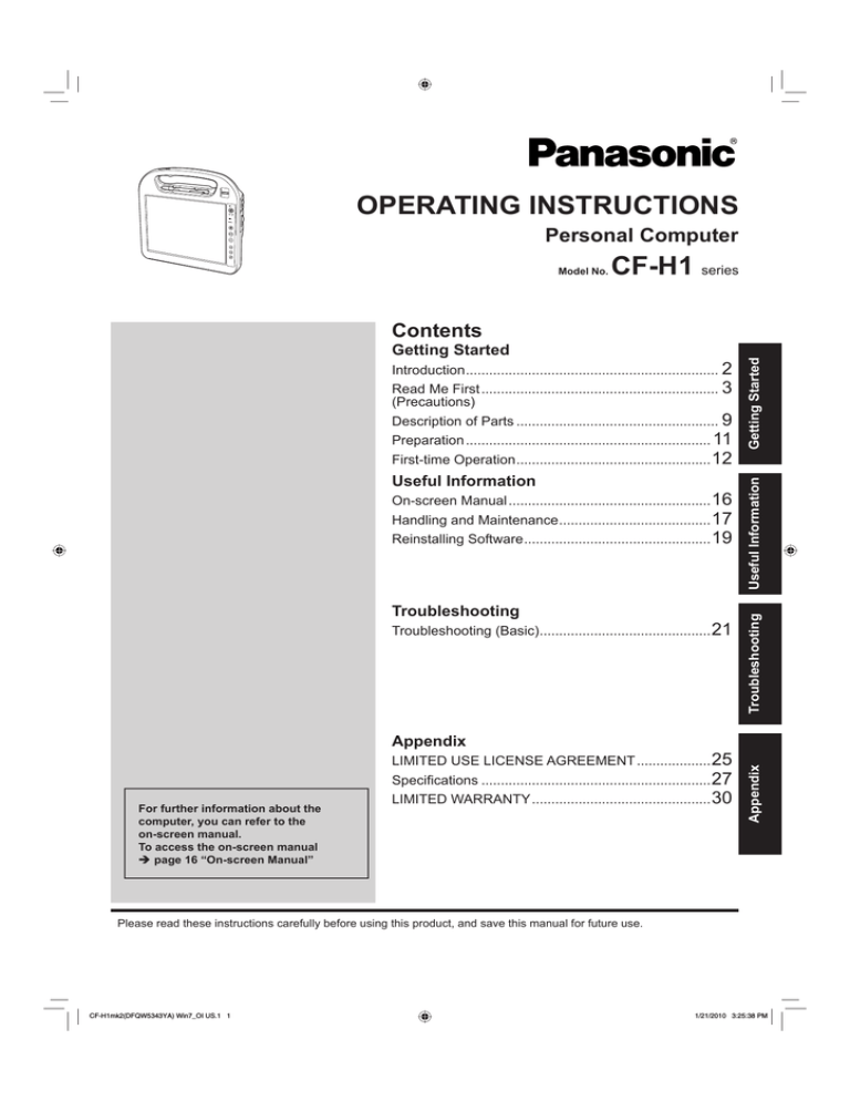 Panasonic CF-H1, TOUGHBOOK H1 Field Lite, TOUGHBOOK H1 Field Pro Operating instructions Panasonic CF-H1, TOUGHBOOK H1 Field Lite, TOUGHBOOK H1 Field Pro Operating instructions