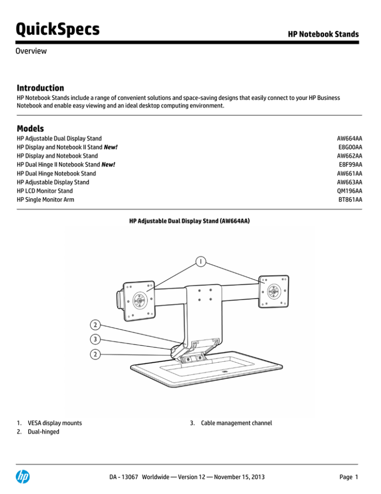 HP Adjustable Dual Display Stand Specification HP Adjustable Dual Display Stand Specification