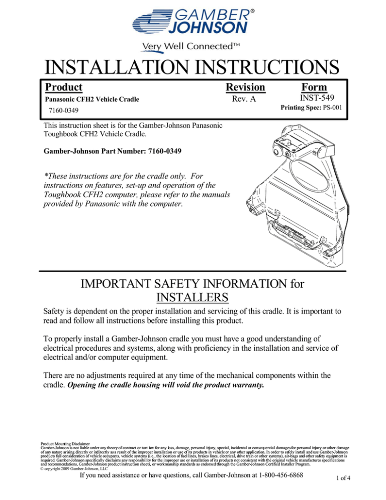 Panasonic 7160-0349 Specification Panasonic 7160-0349 Specification