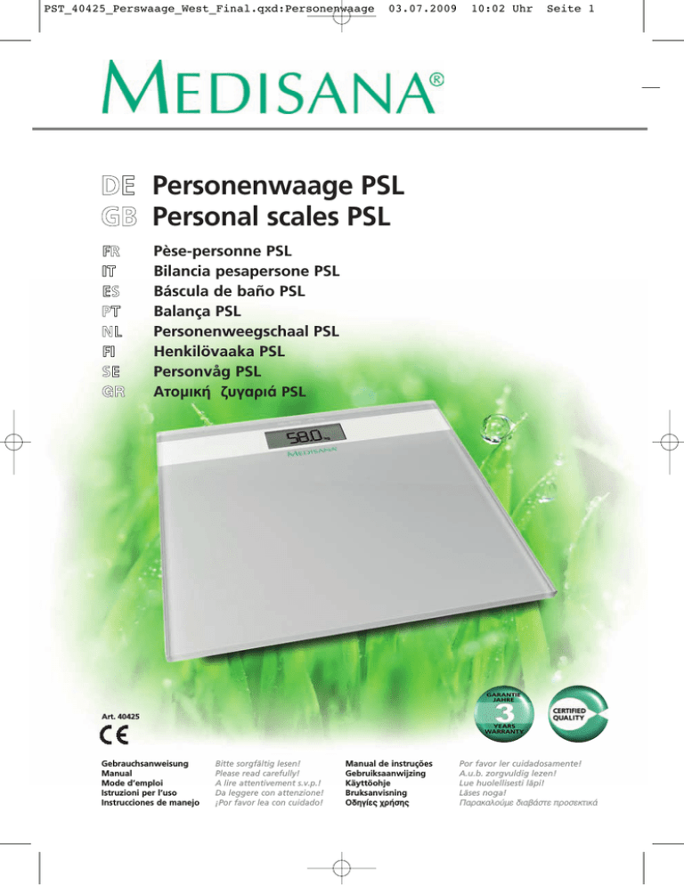 Medisana Personal scales PSL, PSL Owner's manual Medisana Personal scales PSL, PSL Owner's manual