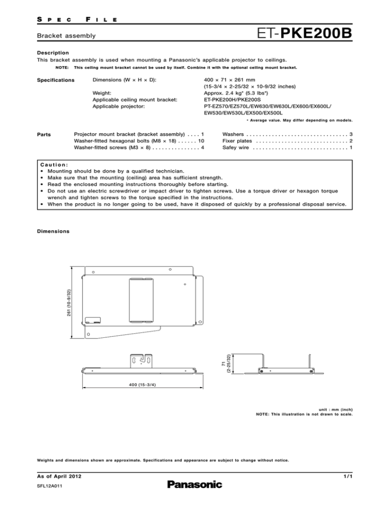 Panasonic ET-PKE200B Specification Panasonic ET-PKE200B Specification