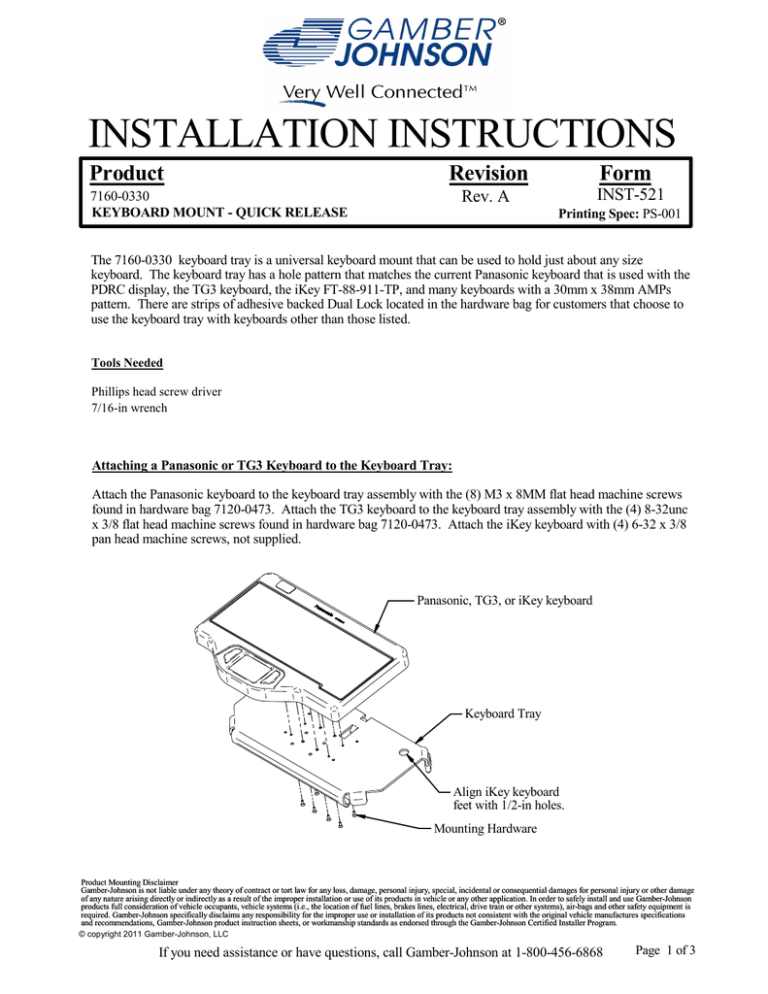 Gamber-Johnson 7160-0330, Keyboard Tray Assembly Specification Gamber-Johnson 7160-0330, Keyboard Tray Assembly Specification