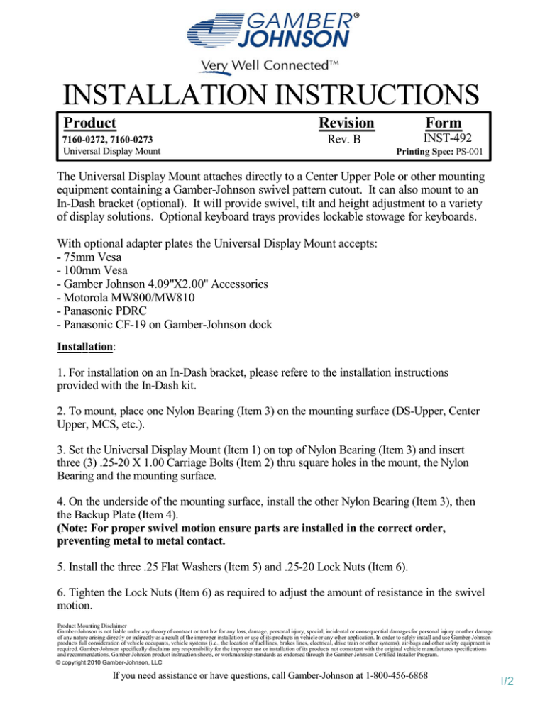 Gamber-Johnson 7160-0272, Display Bracket Specification Gamber-Johnson 7160-0272, Display Bracket Specification