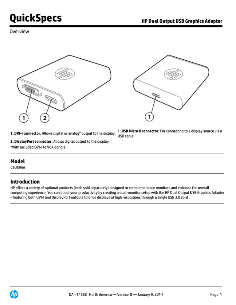 HP USB Dual Output Video Adapter Specification HP USB Dual Output Video Adapter Specification