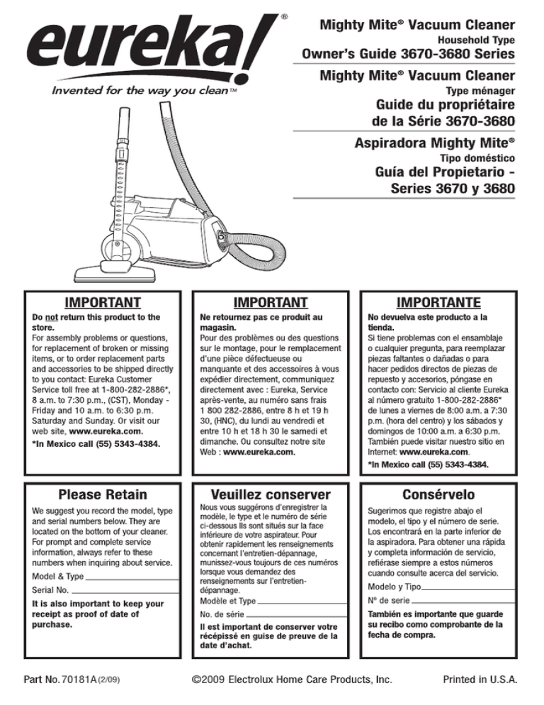 Electrolux Mighty Mite 3670G, Mighty Mite Pet Lover 3684F, 3684F User guide Electrolux Mighty Mite 3670G, Mighty Mite Pet Lover 3684F, 3684F User guide