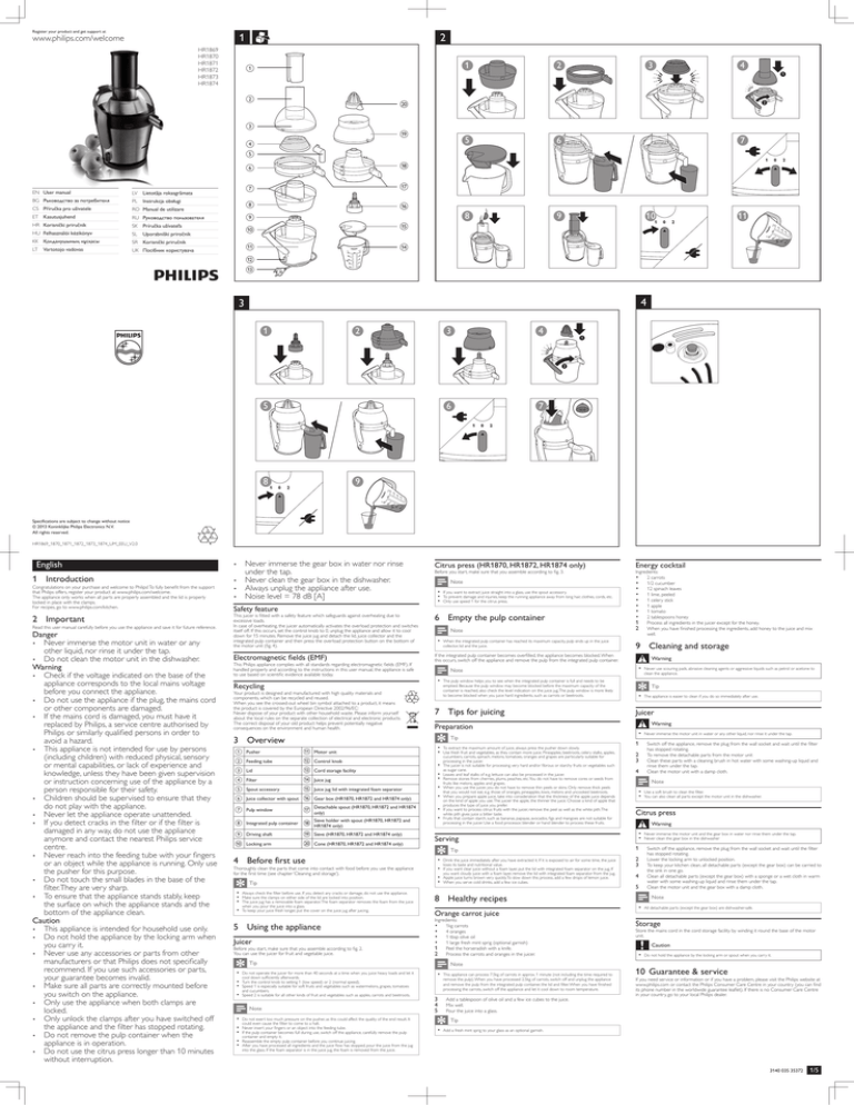 Philips HR1872, HR1871/00, HR1874/00, HR1869/61, HR1869/30, HR1871/10, HR1871/05 User manual Philips HR1872, HR1871/00, HR1874/00, HR1869/61, HR1869/30, HR1871/10, HR1871/05 User manual