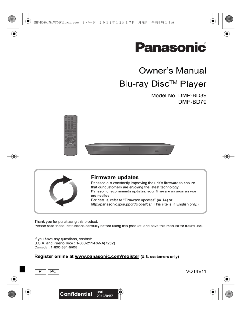 Panasonic DMP-BD79, DMP-BD89 Owner's manual Panasonic DMP-BD79, DMP-BD89 Owner's manual