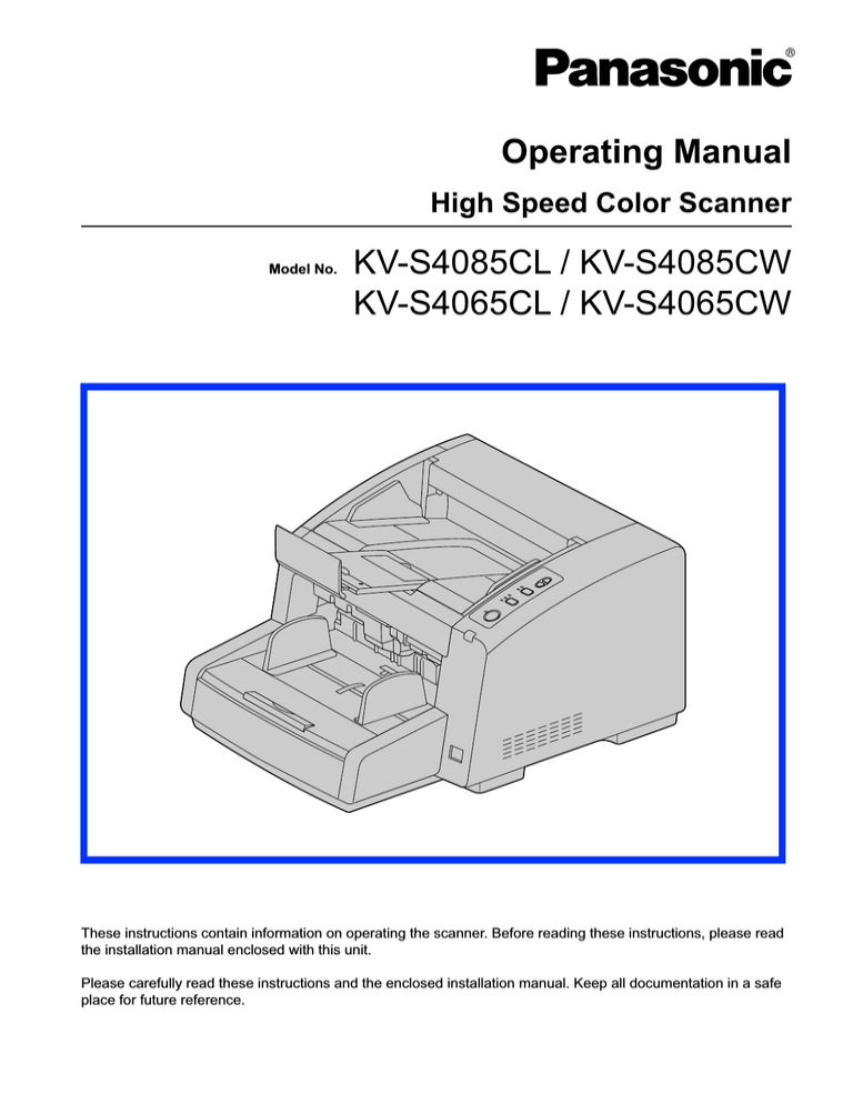 Panasonic KV-S4085CL Installation guide Panasonic KV-S4085CL Installation guide