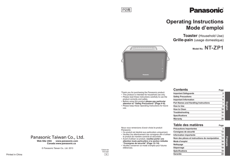 Panasonic NT-ZP1H, NT-ZP1V Operating instructions Panasonic NT-ZP1H, NT-ZP1V Operating instructions