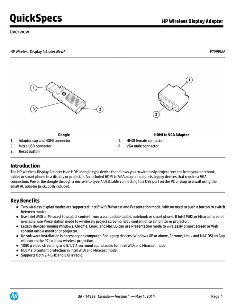 HP Wireless Display Adapter Specification HP Wireless Display Adapter Specification