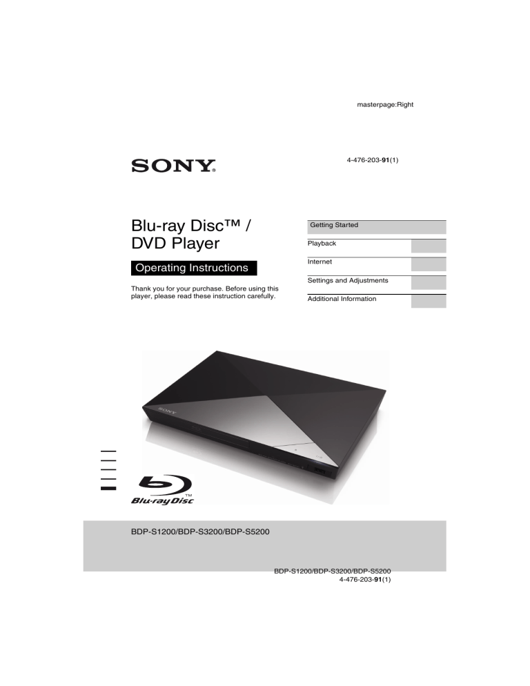 Sony BDP-S5200, BDP-S1200, BDP-S3200 Operating instructions Sony BDP-S5200, BDP-S1200, BDP-S3200 Operating instructions