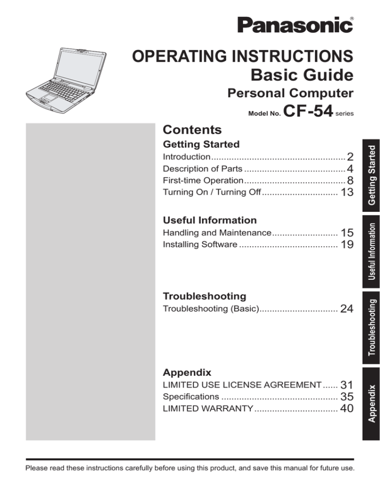 Panasonic CF-54 Series, CF-54, 54 Operating instructions Panasonic CF-54 Series, CF-54, 54 Operating instructions