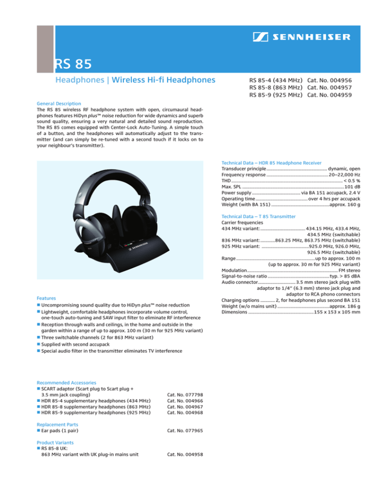 Sennheiser RS85 Datasheet Sennheiser RS85 Datasheet