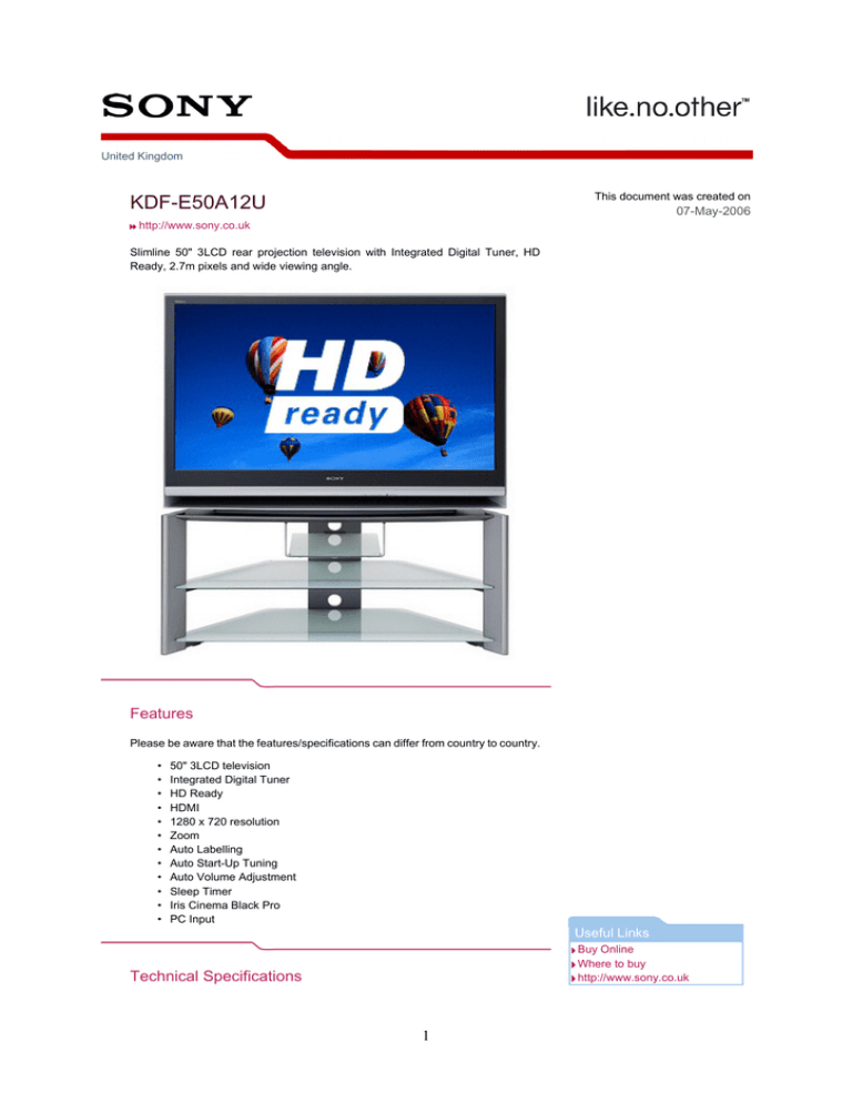 Sony KDFE50A11E Datasheet Sony KDFE50A11E Datasheet