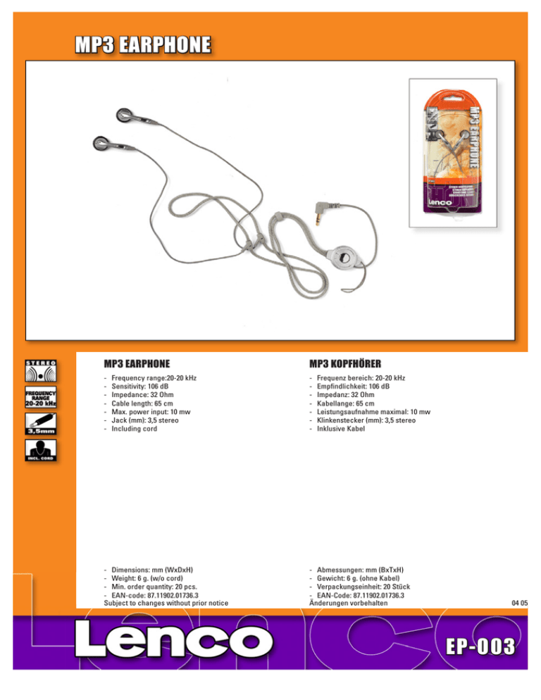 Lenco EP003 Datasheet Lenco EP003 Datasheet