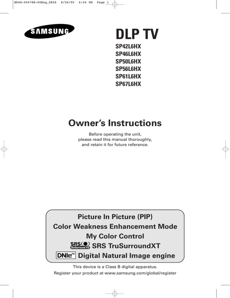 Samsung SP-61L6HX, SP-67L6HX/HAC, SP-67L6HX, SP-50L6HX, SP50L6H Datasheet Samsung SP-61L6HX, SP-67L6HX/HAC, SP-67L6HX, SP-50L6HX, SP50L6H Datasheet