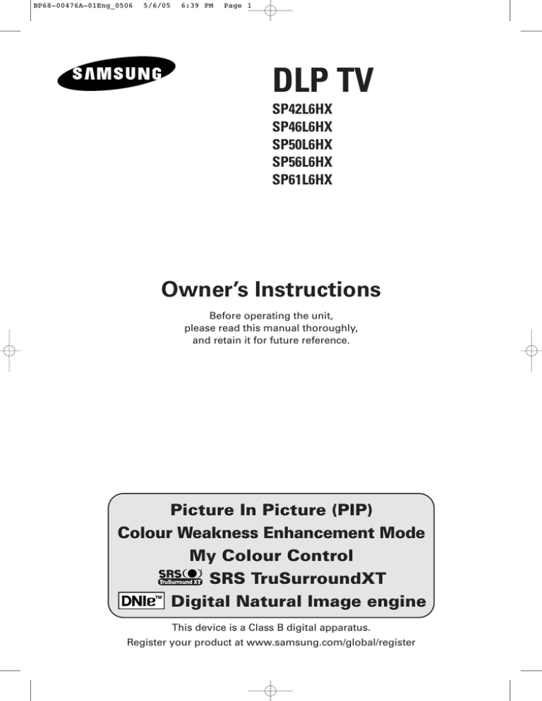 Samsung SP46L6, SP-50L6HX Datasheet Samsung SP46L6, SP-50L6HX Datasheet