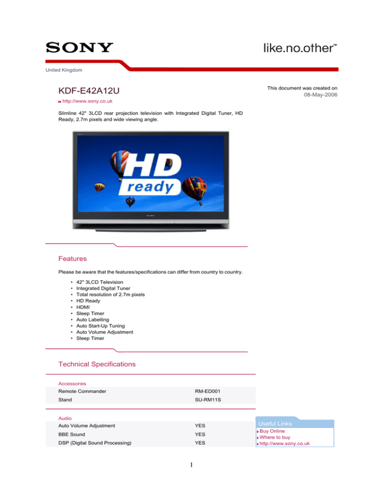 Sony KDF-E42A11E Datasheet Sony KDF-E42A11E Datasheet