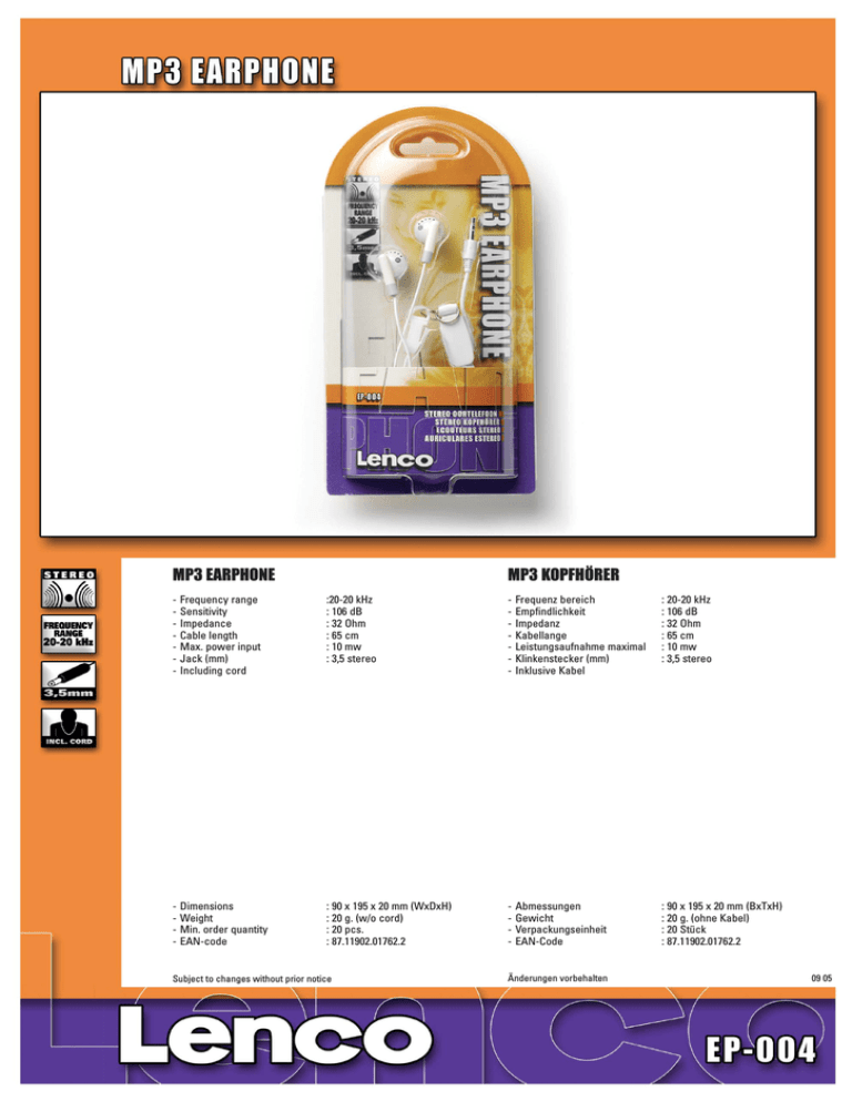 Lenco EP004, EP-004 Datasheet Lenco EP004, EP-004 Datasheet