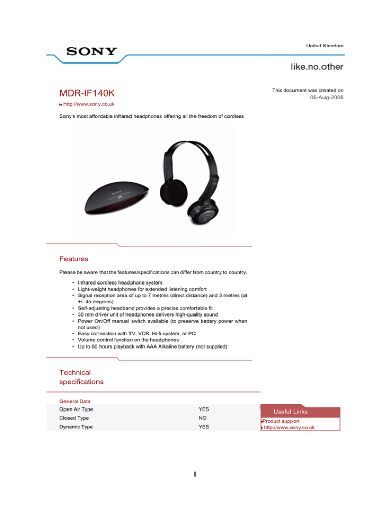 Sony MDR-IF140K Datasheet Sony MDR-IF140K Datasheet