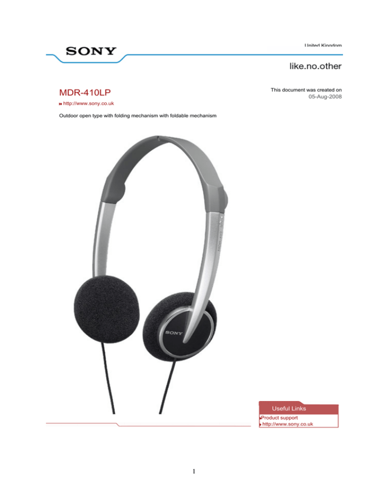 Sony MDR410LPB Datasheet Sony MDR410LPB Datasheet