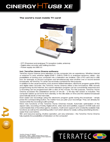 Terratec Cinergy HT USB XE (DVB-T/analog) USB 2.0 Stick Datasheet | Manualzz
