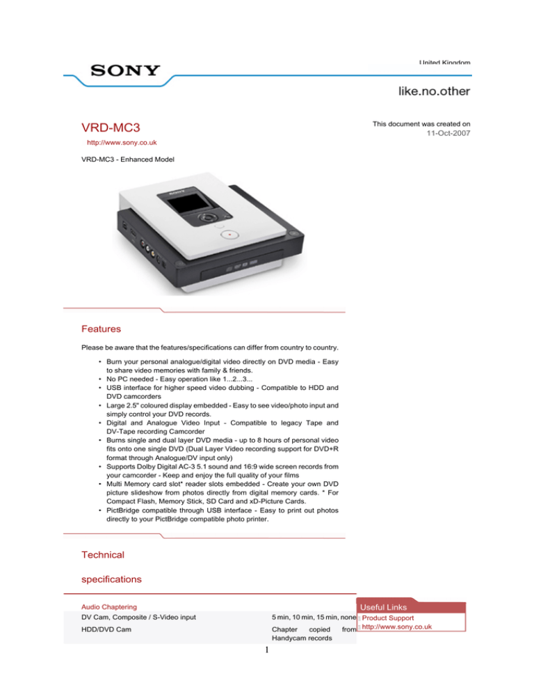 Sony VRDMC3 Datasheet Sony VRDMC3 Datasheet