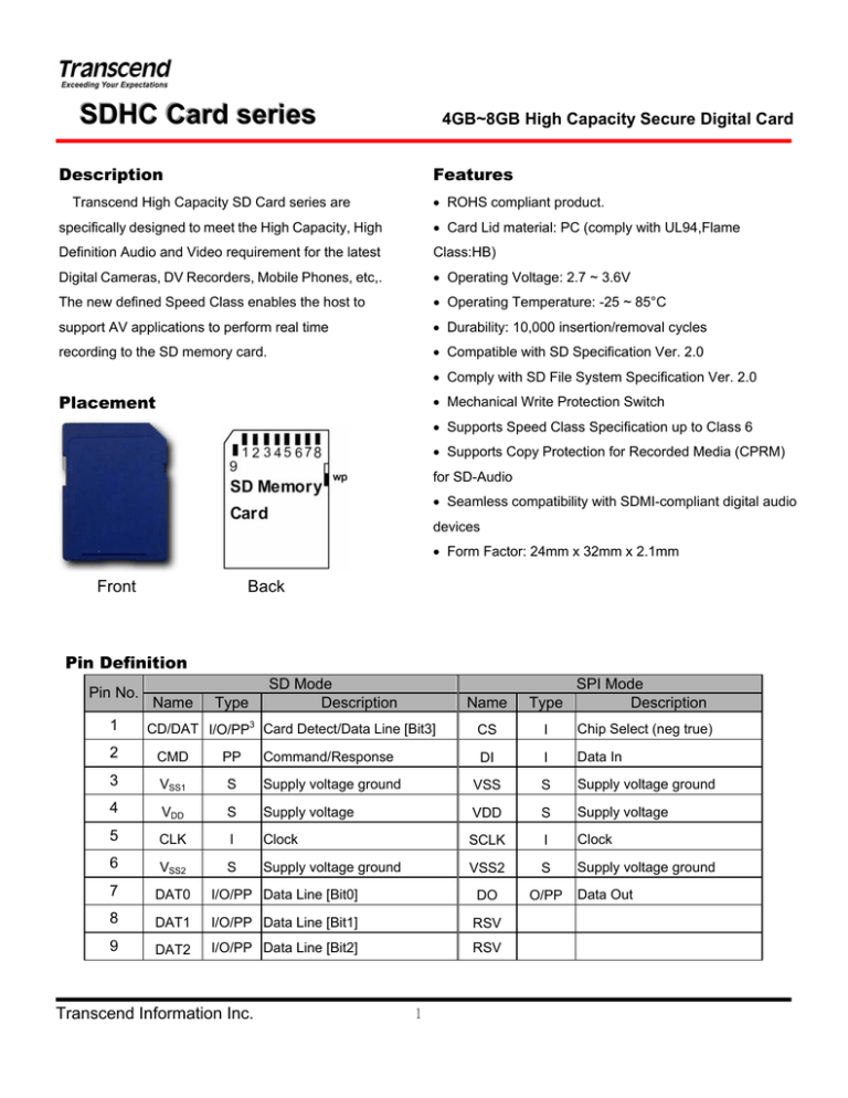 Transcend TS4GSDHC6, TS8GSDHC, TS4GSDHC Datasheet Transcend TS4GSDHC6, TS8GSDHC, TS4GSDHC Datasheet