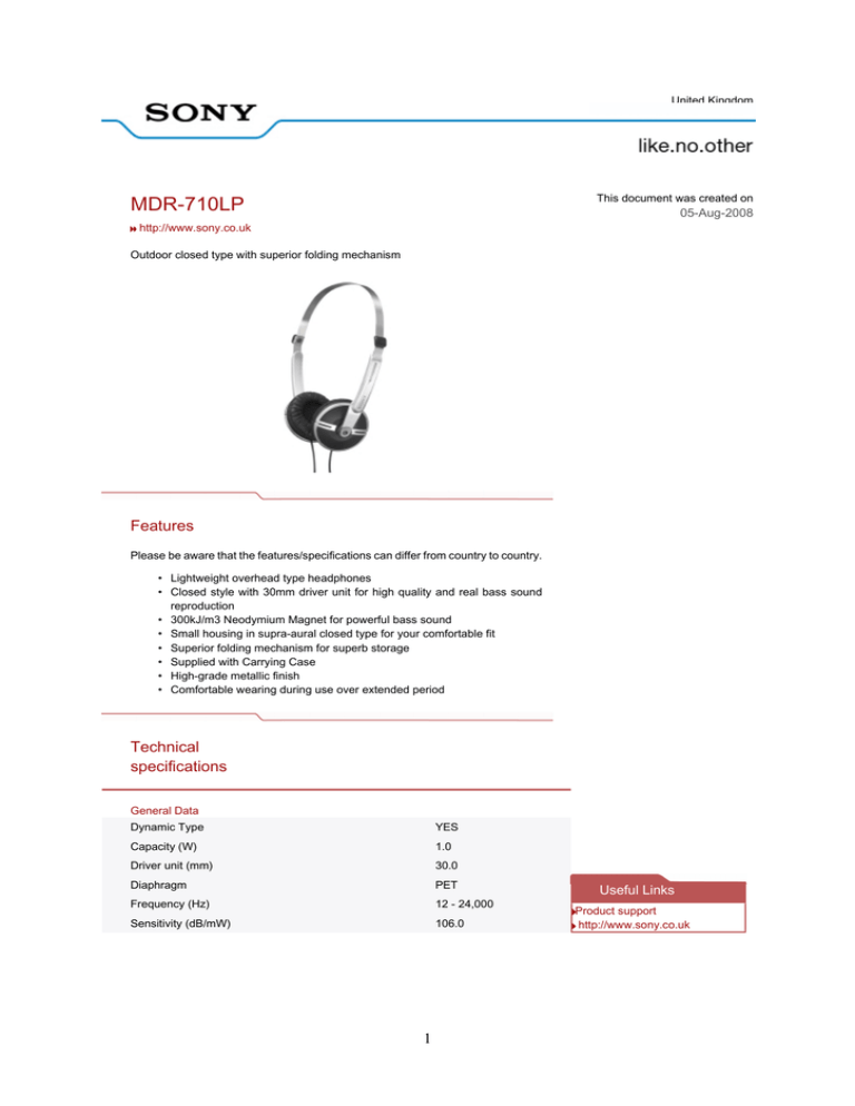 Sony MDR710LP Datasheet Sony MDR710LP Datasheet