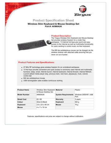 Targus Wireless Slim Keyboard & Mouse Desktop Set, DE Datasheet | Manualzz