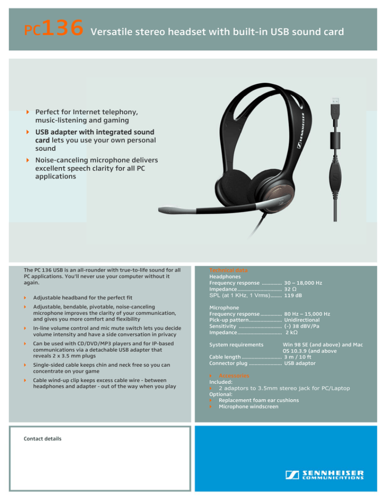 Sennheiser PC-136USB, 500915, 500914, PC136 Datasheet Sennheiser PC-136USB, 500915, 500914, PC136 Datasheet