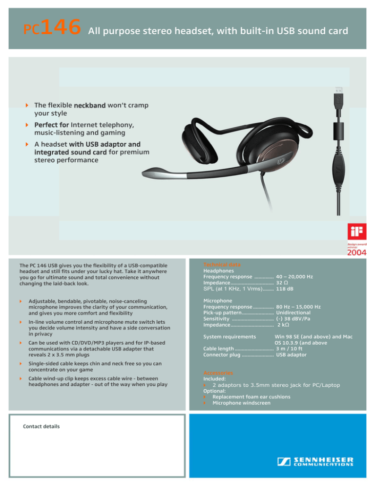 Sennheiser 500919, PC146, 500918, 502774 Datasheet Sennheiser 500919, PC146, 500918, 502774 Datasheet