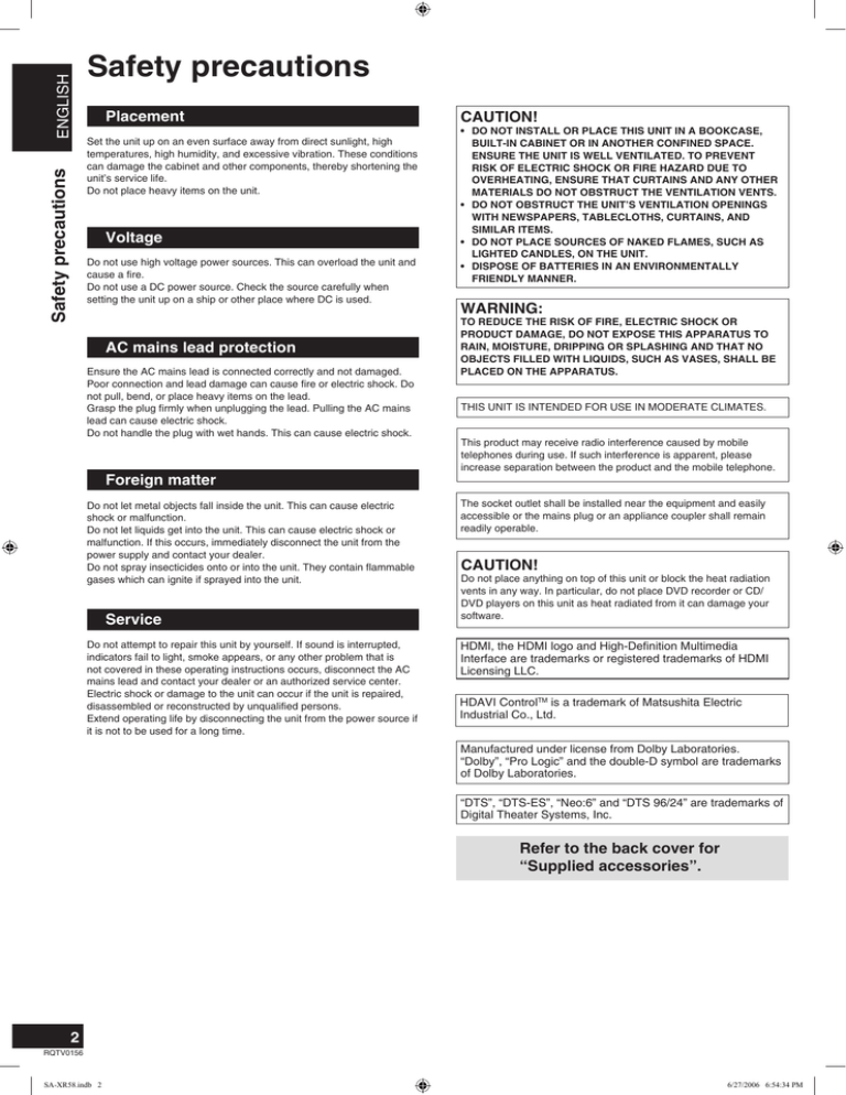 Panasonic SA-XR58S, SA-XR58B Datasheet Panasonic SA-XR58S, SA-XR58B Datasheet