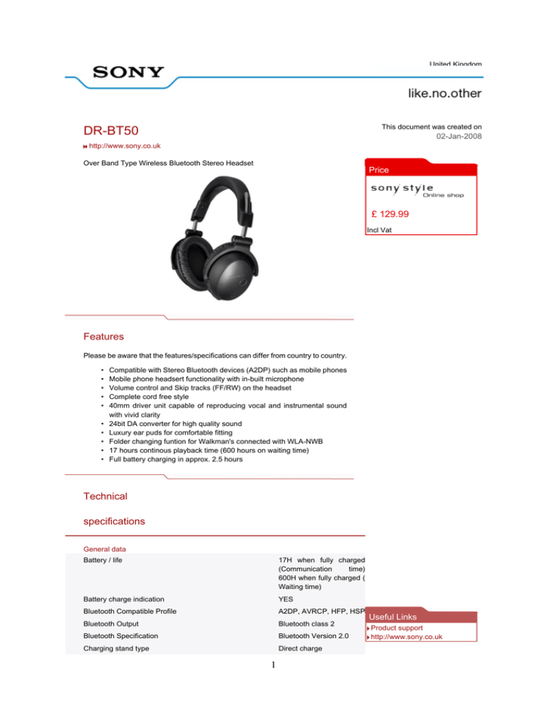 Sony DR-BT50 Datasheet Sony DR-BT50 Datasheet