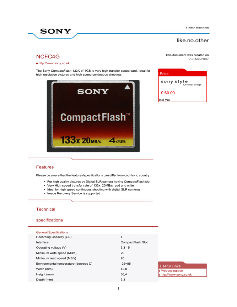Sony NCFC4G Datasheet Sony NCFC4G Datasheet