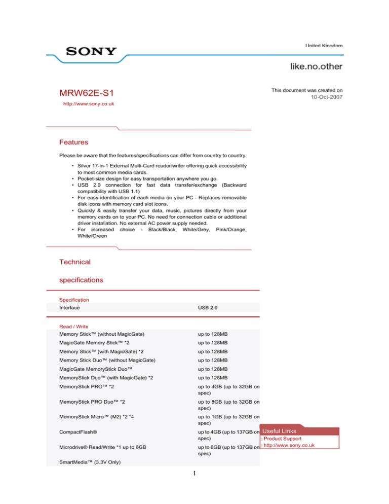 Sony MRW62ES1171 Datasheet Sony MRW62ES1171 Datasheet