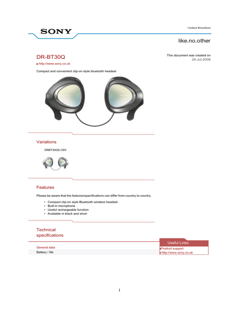 Sony DR-BT30Q Datasheet Sony DR-BT30Q Datasheet