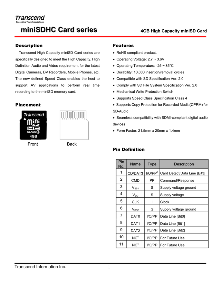 Transcend TS4GSDMHC4 Datasheet Transcend TS4GSDMHC4 Datasheet