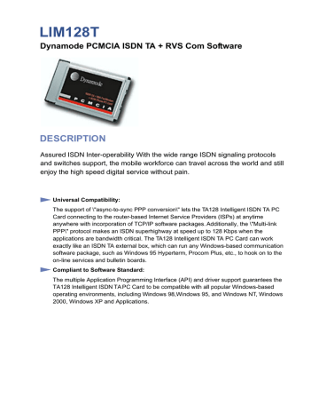 Dynamode PCMCIA ISDN Terminal Adapter with Software Datasheet | Manualzz