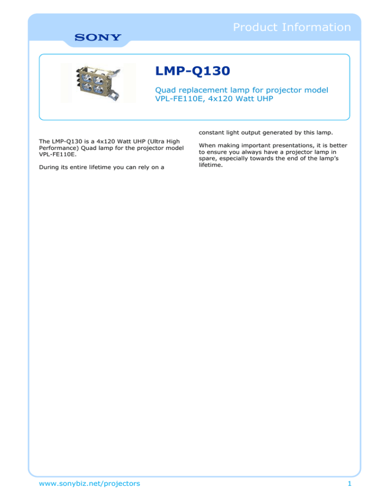 Sony LP LMP-Q130 Datasheet Sony LP LMP-Q130 Datasheet