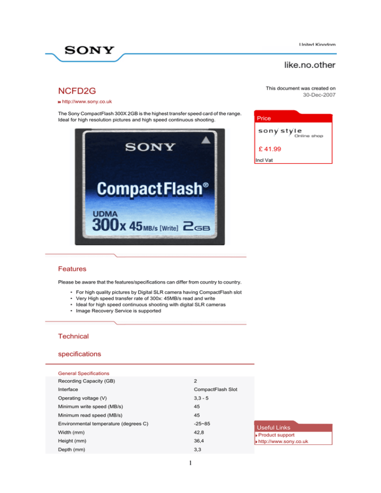 Sony NCFD2G, NCFD2G-TRIPOD Datasheet Sony NCFD2G, NCFD2G-TRIPOD Datasheet