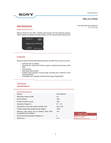 Sony MSX-M-2GSX, MSX-M2GSX DUO, MSX-M2GSX-TRIPOD Datasheet Sony MSX-M-2GSX, MSX-M2GSX DUO, MSX-M2GSX-TRIPOD Datasheet
