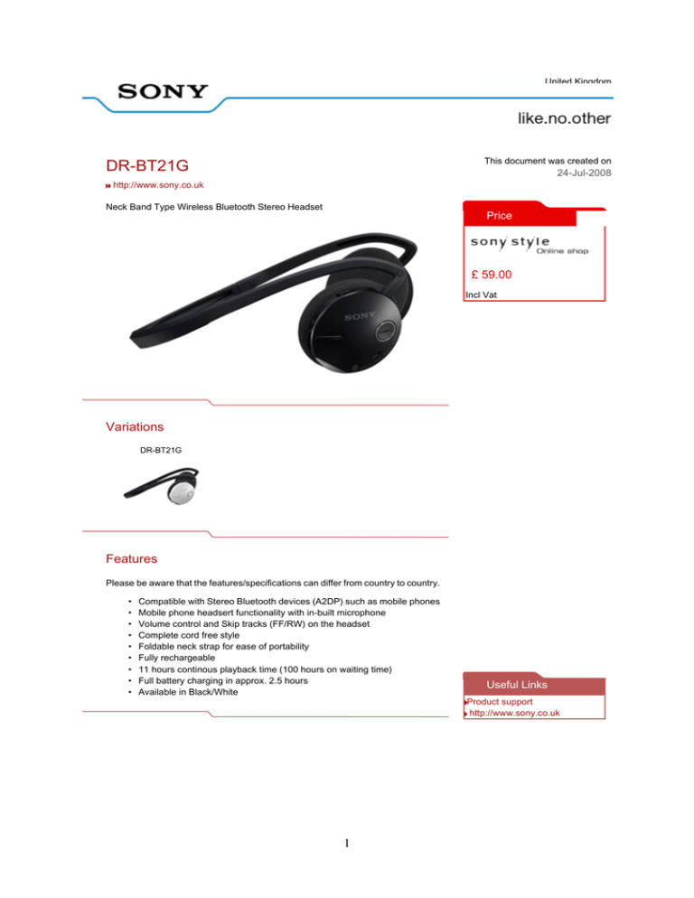 Sony DR-BT21 Datasheet Sony DR-BT21 Datasheet
