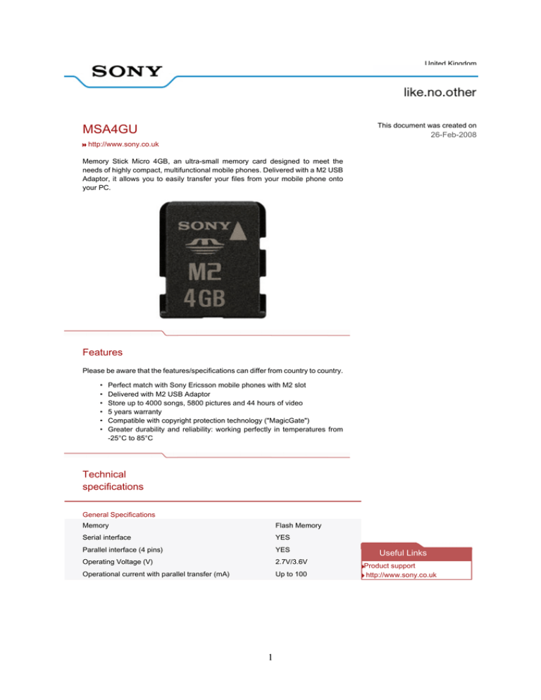 Sony MSA4GU Datasheet Sony MSA4GU Datasheet