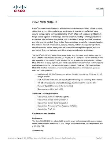 Cisco Spare 160-GB Cold Swap SATA Drive for MCS 7816-H3 Datasheet | Manualzz