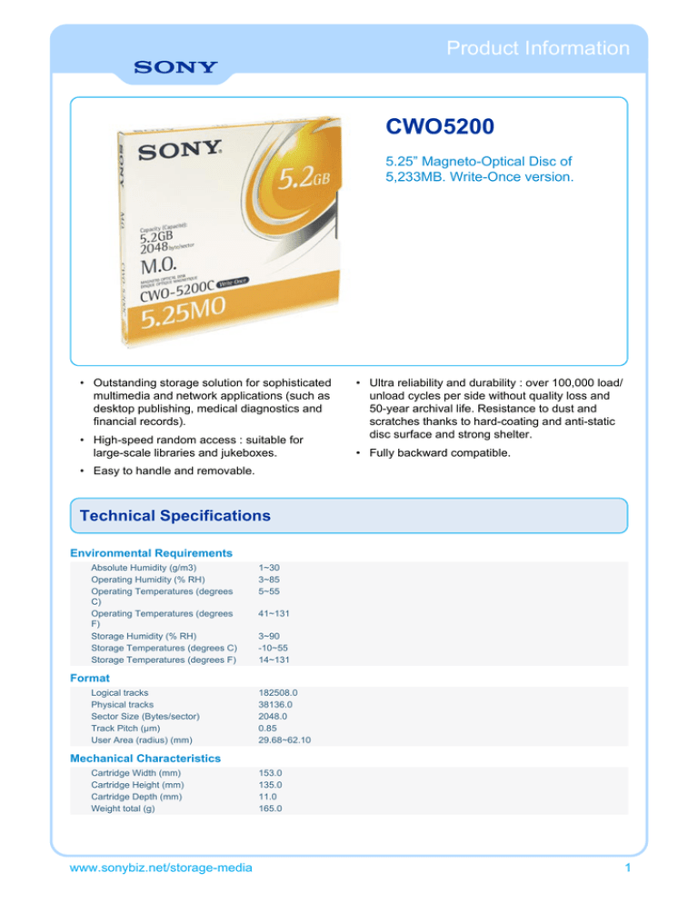 Sony CWO5200C Datasheet Sony CWO5200C Datasheet